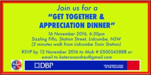 The Philippine Community Council of New South Wales Inc (PCC NSW Inc) is organising the "Get Together and Appreciation Dinner" on 16 November 2016 at Lidcombe, NSW, Australia