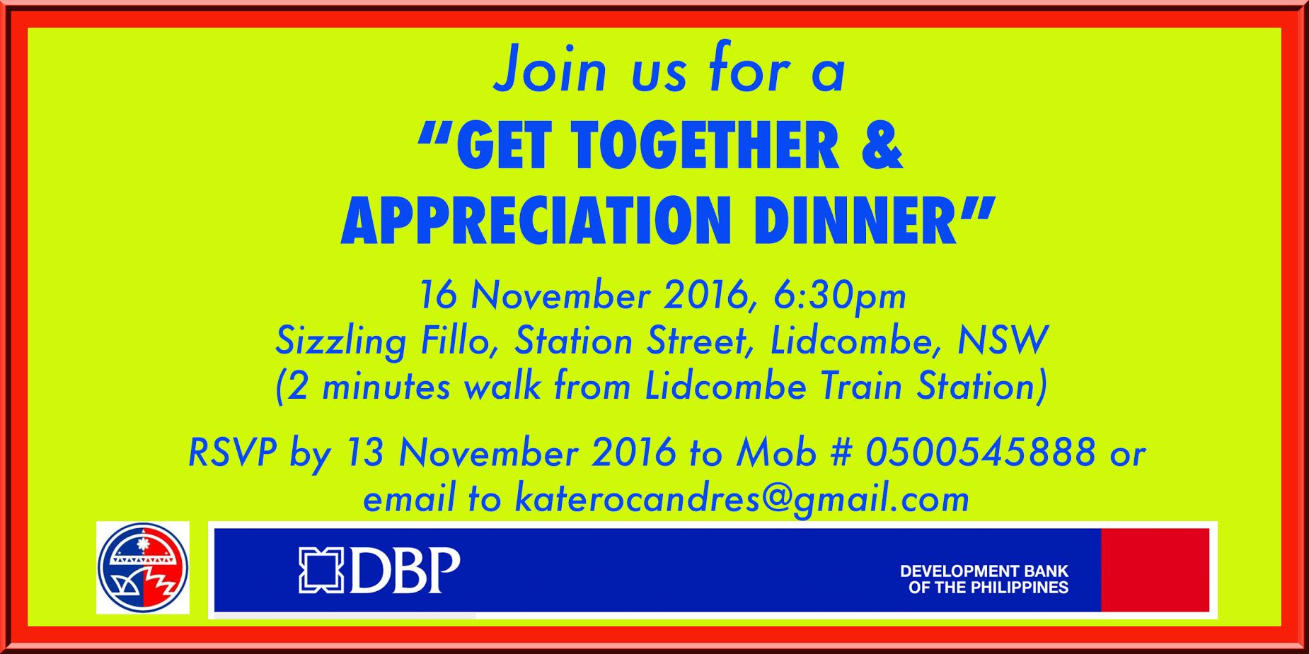 The Philippine Community Council of New South Wales Inc (PCC NSW Inc) is organising the "Get Together and Appreciation Dinner" on 16 November 2016 at Lidcombe, NSW, Australia