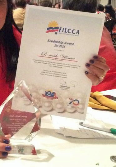 2016 Leadership Award of Ronaldo Villaver given by FilCCA.