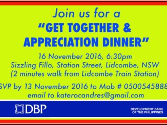 The Philippine Community Council of New South Wales Inc (PCC NSW Inc) is organising the "Get Together and Appreciation Dinner" on 16 November 2016 at Lidcombe, NSW, Australia