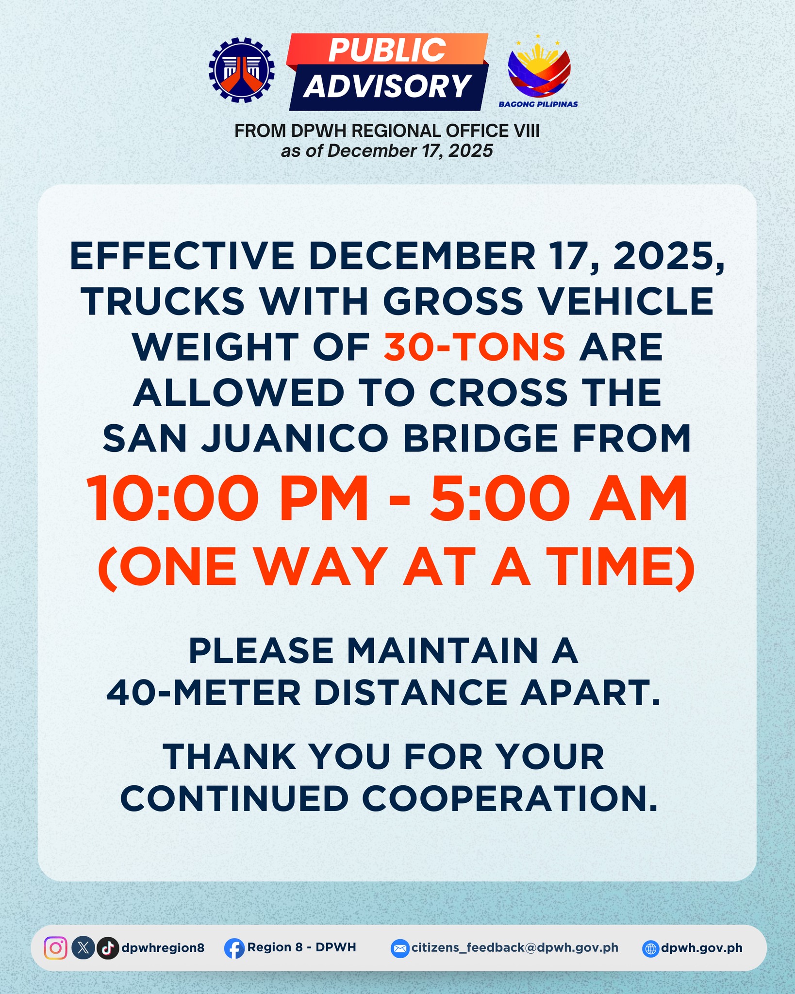Nighttime Passage Approved for 30-Ton Trucks on San Juanico Bridge Starting Dec. 17