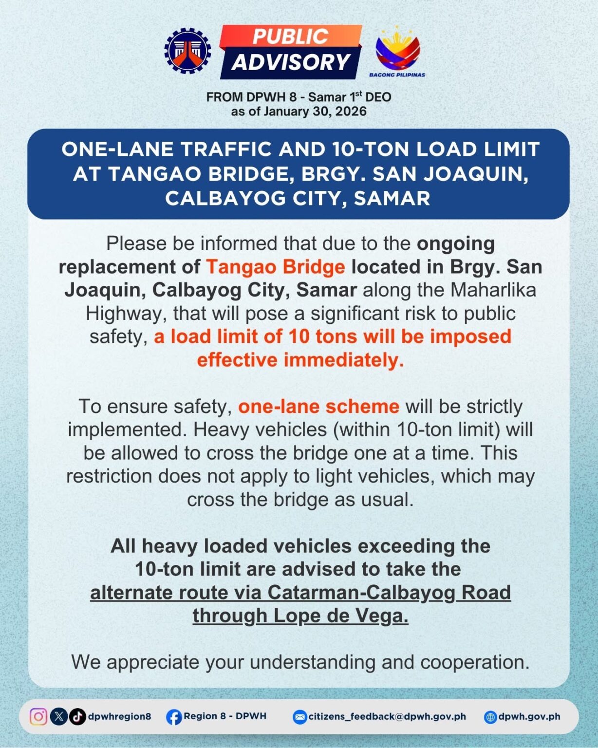 DPWH Imposes One-Lane Traffic, 10-Ton Load Limit During Tangao Bridge ...