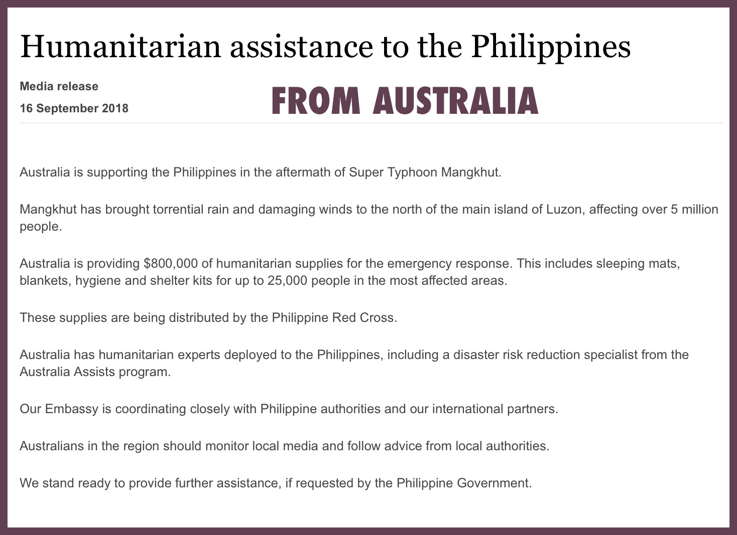 Australia is supporting the Philippines in the aftermath of Super Typhoon Ompong (Mangkhut)
