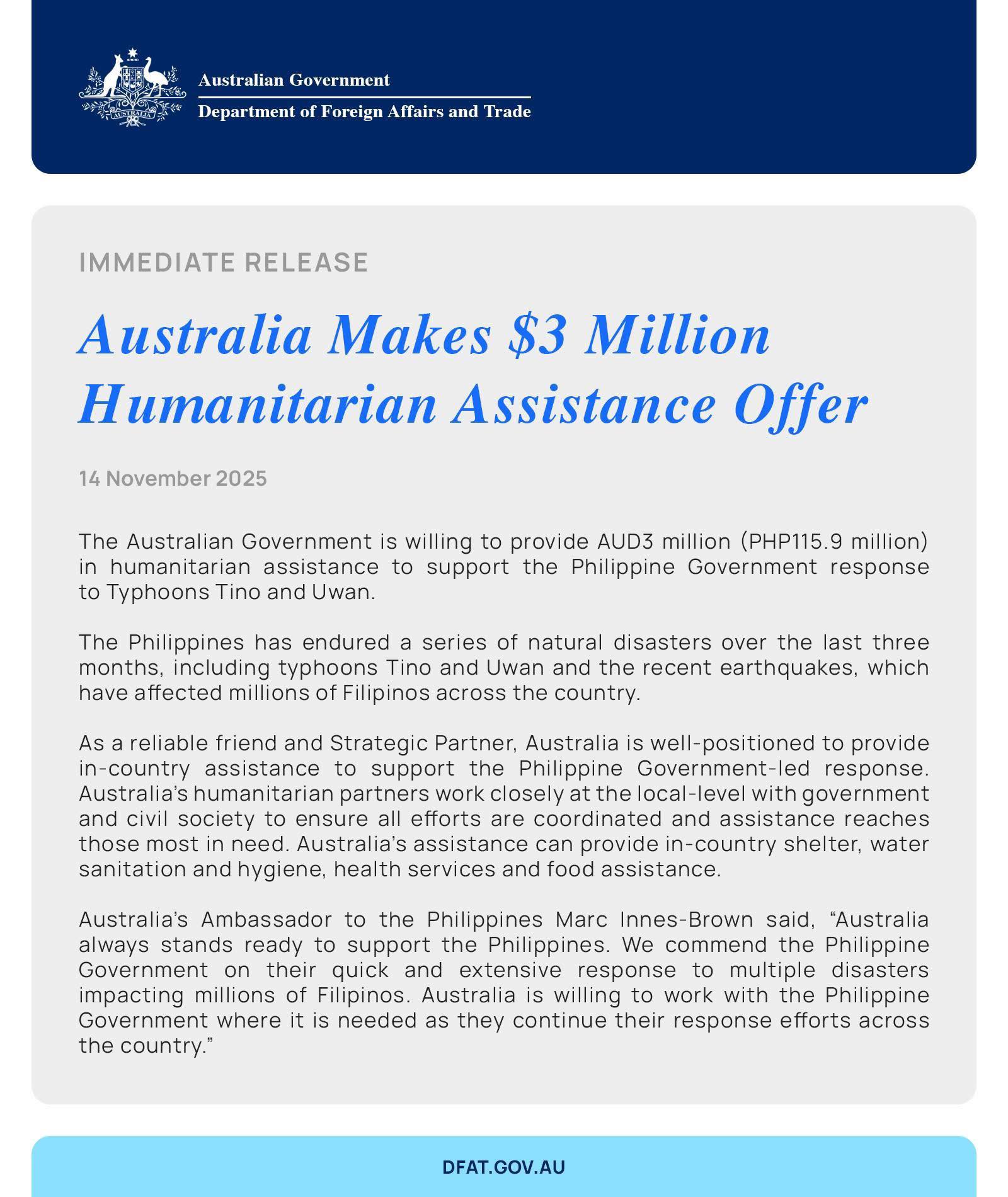 Australia makes A$3 Million Humanitarian Assistance Offer to support Philippine Government Response to Typhoons Tino and Uwan