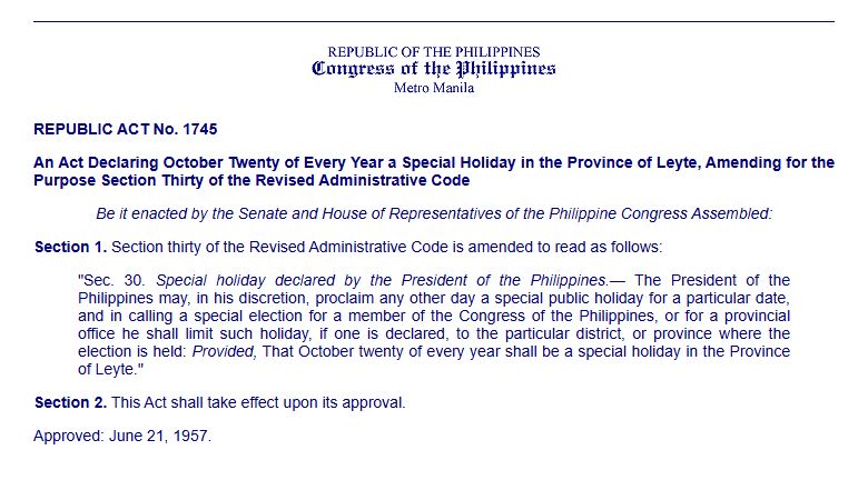 Republic Act 1745 October 20 holiday leyte