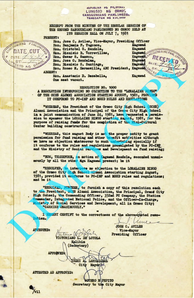 Approved Resolution Number 1000 - July 7, 1981 - Sangguniang Panlungsod ng Ormoc