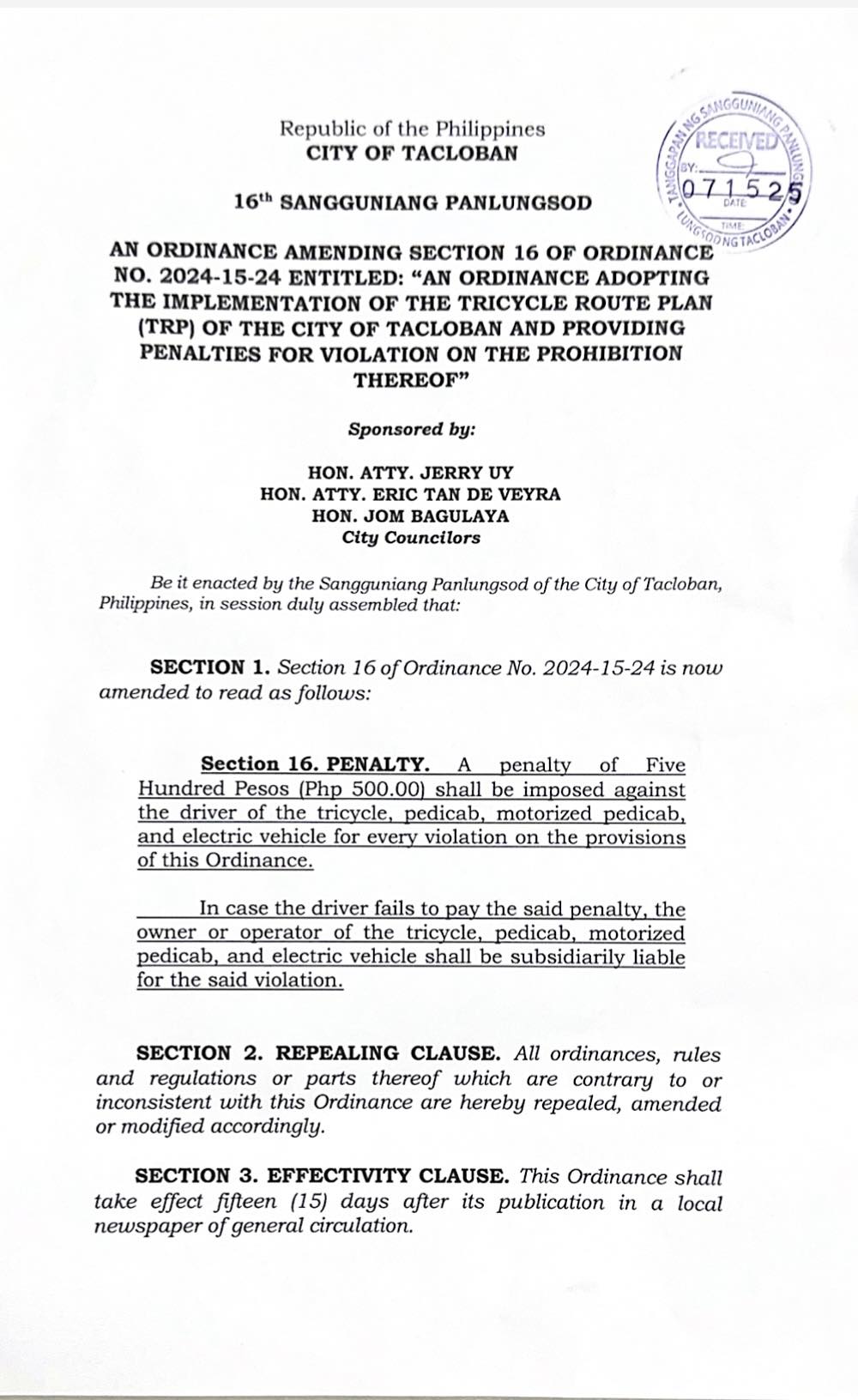 Proposed ordinance to amend  Section 16 of the traffic route plan of the City of Tacloban filed