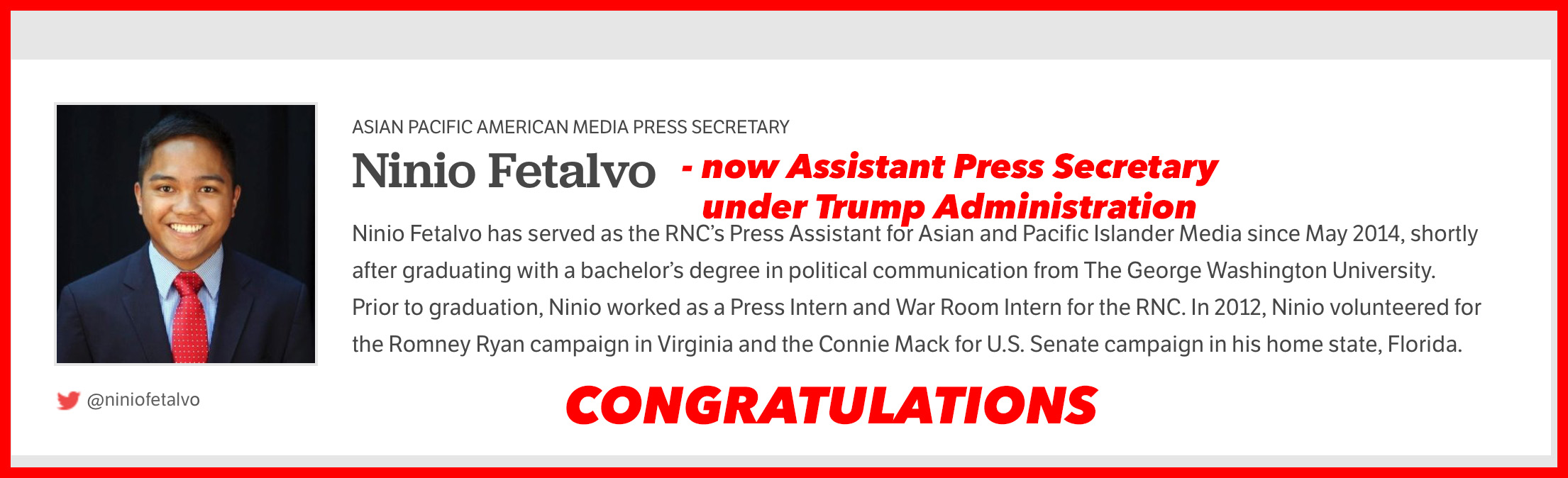 Ninio Fetalvo- Assistant Press Secretary